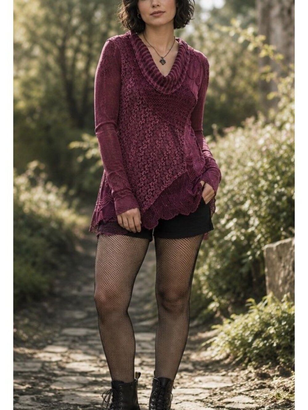 SIMPLY COUTURE Mauve Pink Cow Neck Long Sleeve Tunic Top LARGE Lagenlook Grunge